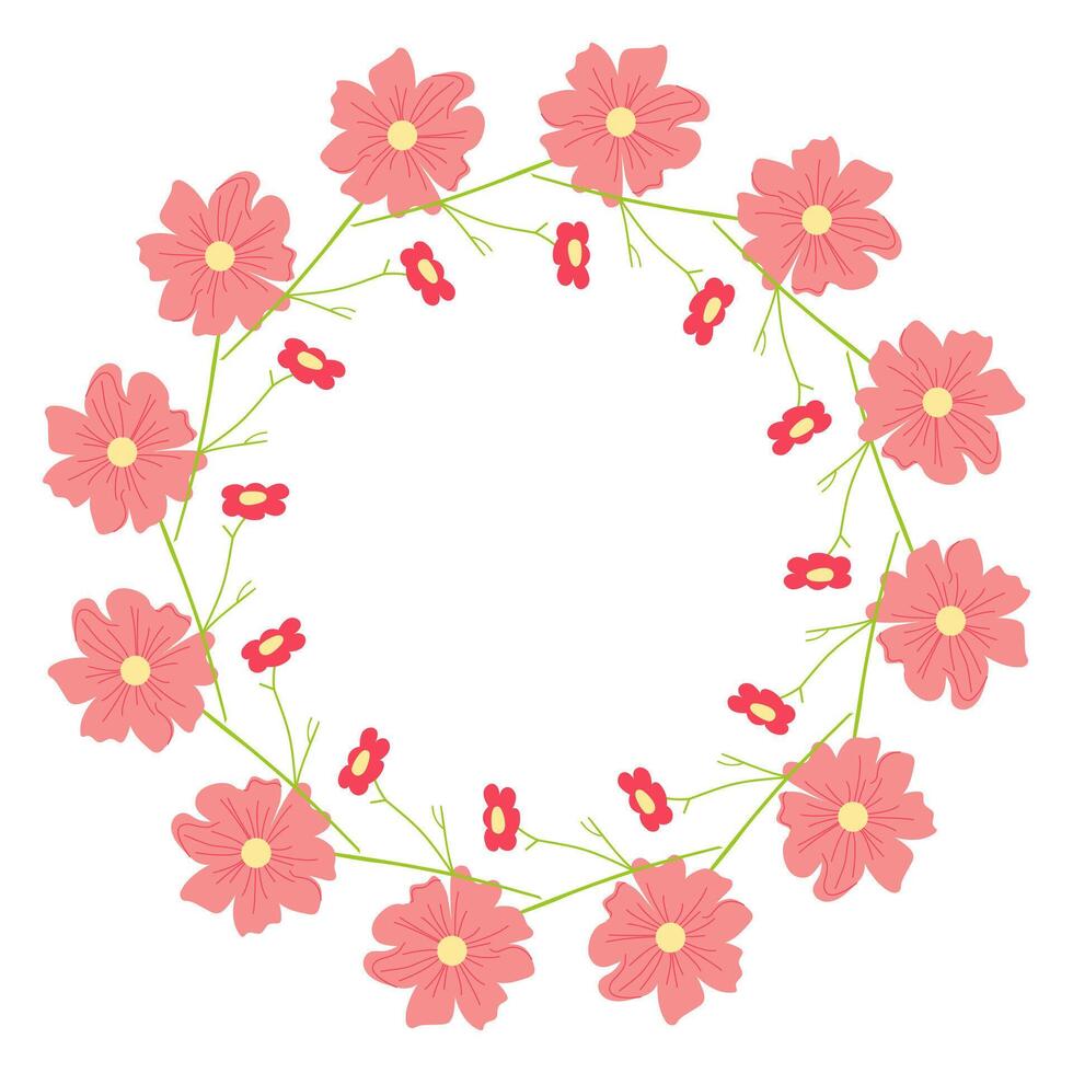 Red round frame featuring decorative flowers. Abstract botanical illustration ideal for greeting cards, banners, and invitations vector