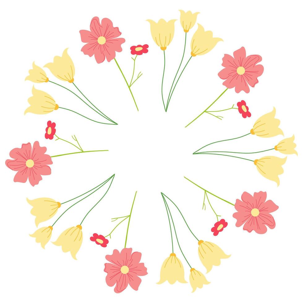 Circular yellow and red border featuring stylized tulips and other flowers. Elegant botanical artwork suitable for greeting cards, banners, and event invites vector