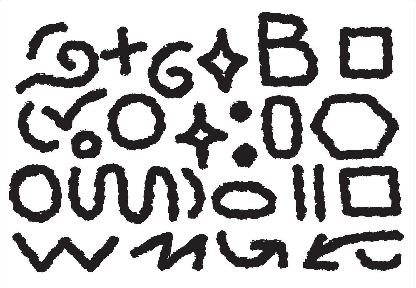 Abstract black symbols with rough hand-drawn edges on a white background. Geometric and organic shapes create a unique artistic composition, perfect for design, backgrounds, and creative projects. vector