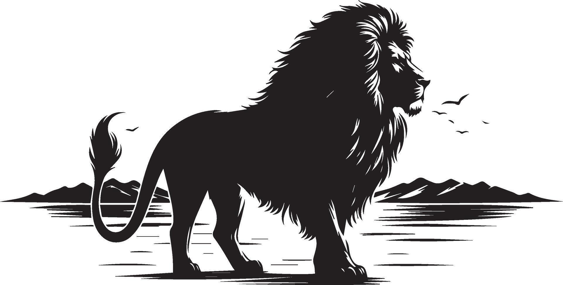 Majestic lion silhouette by the lake vector