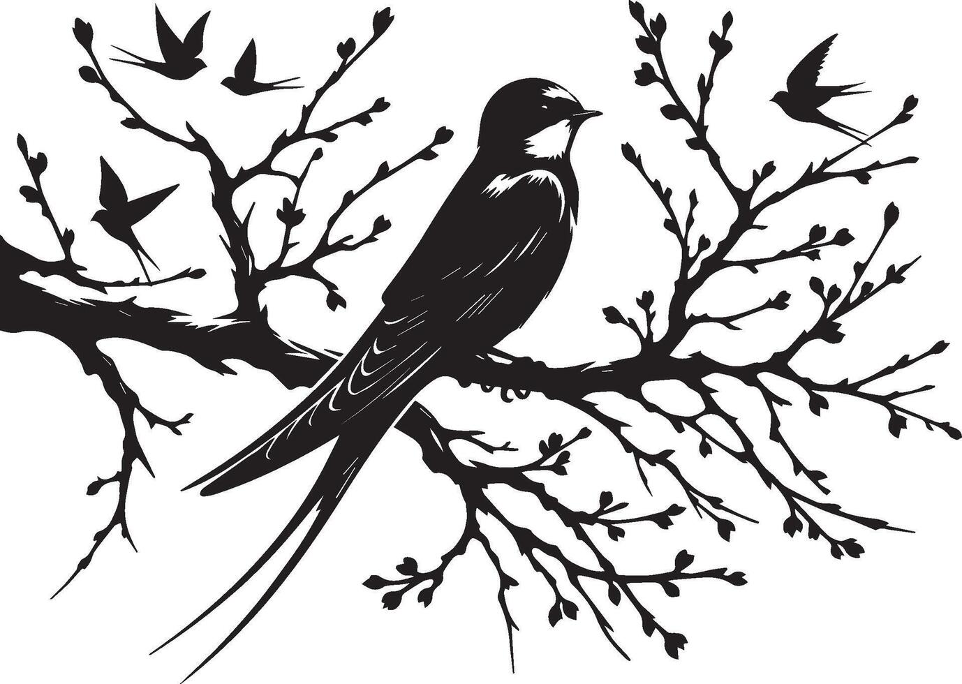 A detailed illustration showcases a swallow perched on a blossoming branch, with other swallows in flight. The image is rendered in a striking monochrome style. vector