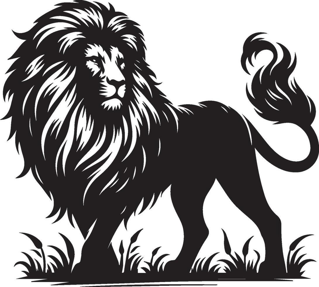 Majestic lion in grassland silhouette vector