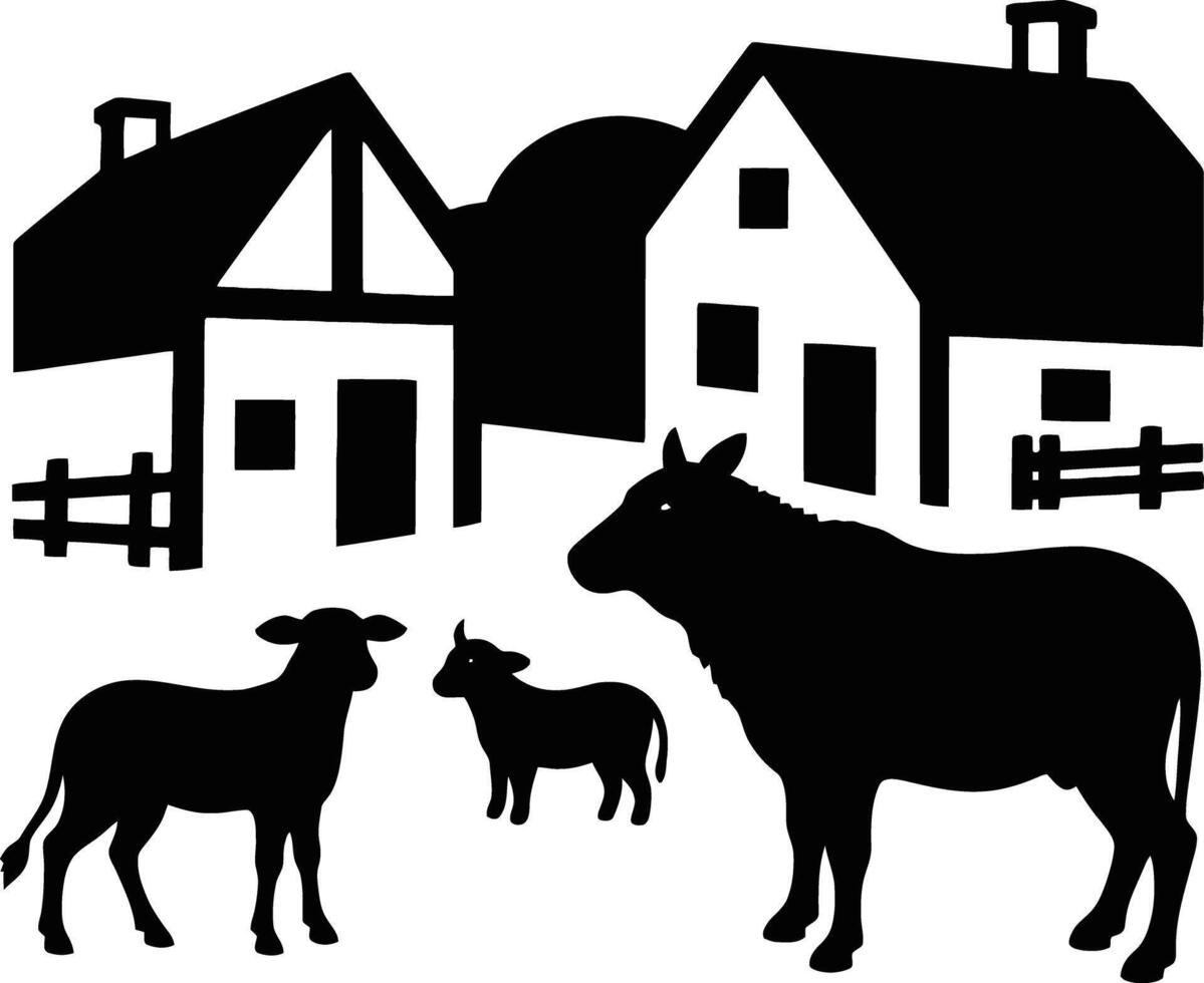 Farm animals and barns silhouette vector