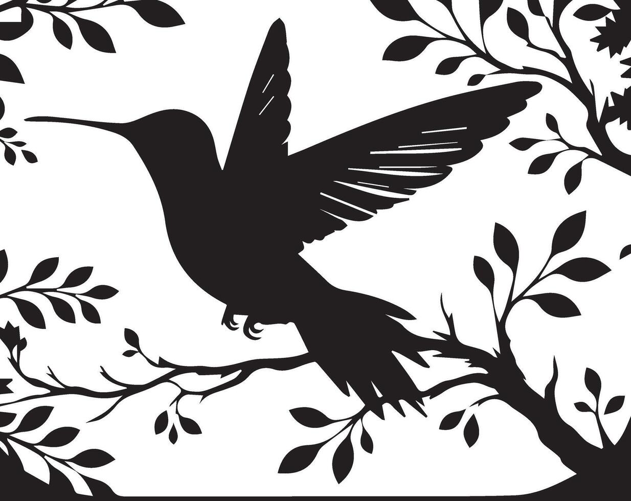 Hummingbird silhouette on branch with leaves vector