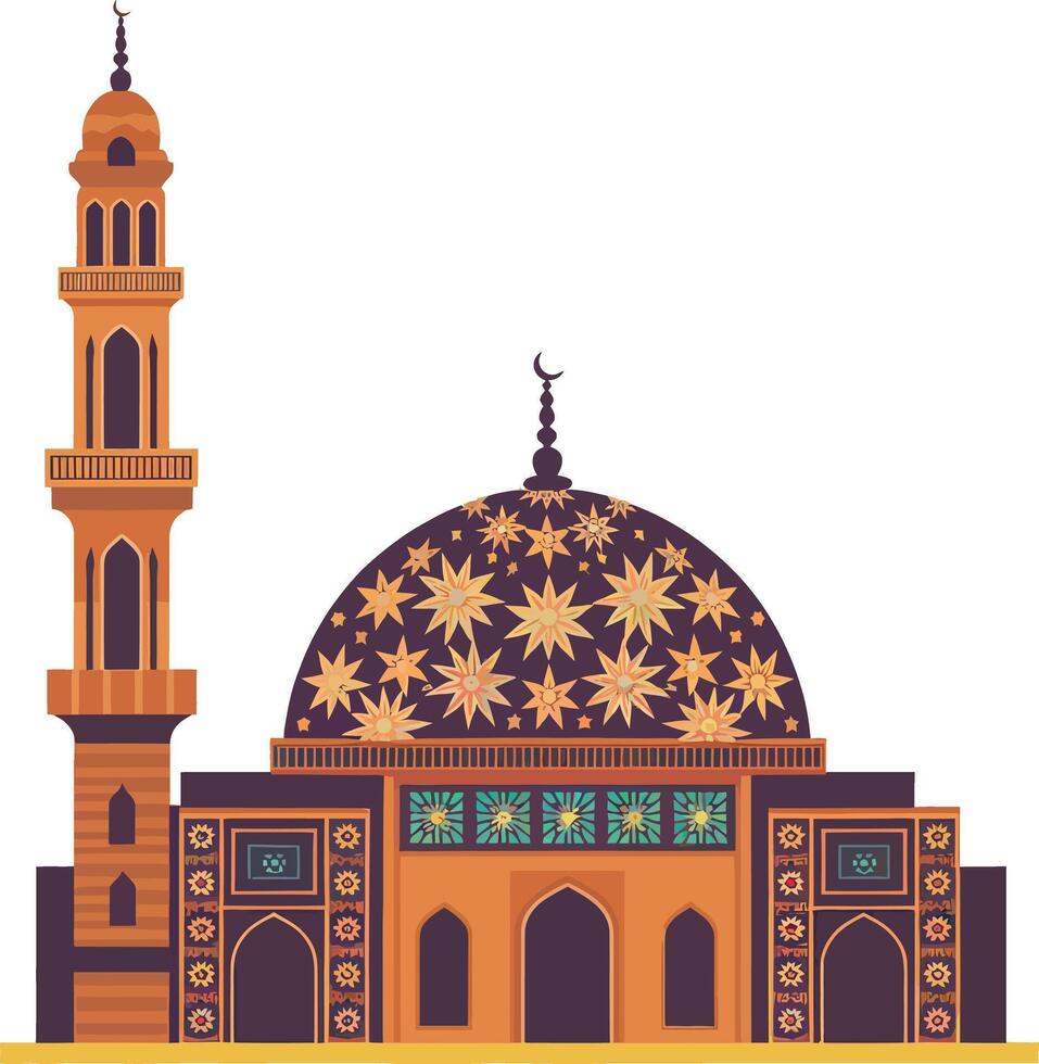 This image showcases a detailed silhouette of a mosque distinguished by its intricate design and star-patterned dome. The style is a flat graphic silhouette. vector