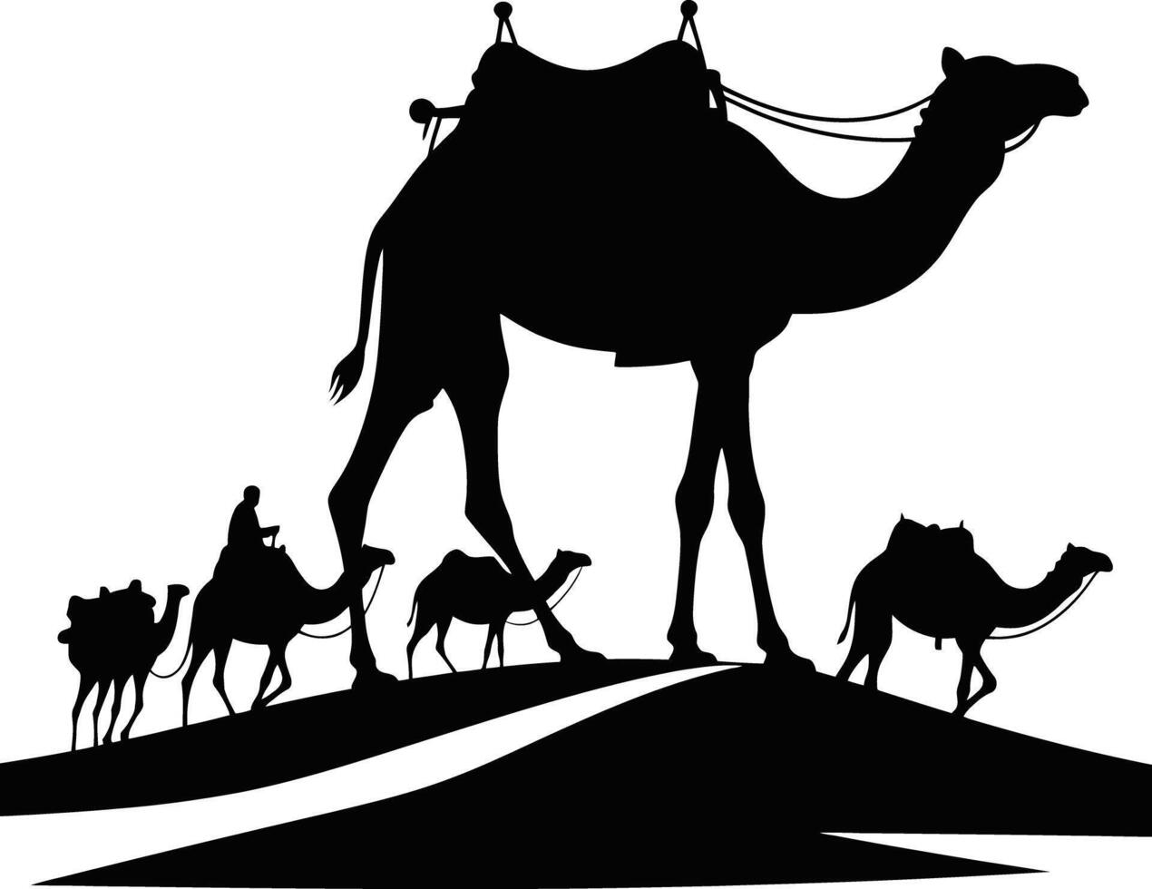 Camel caravan silhouette in desert landscape vector