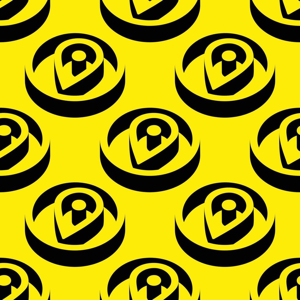 Isometric pattern of location pin icons in bold 3D circular frames on yellow background. Negative space design representing GPS, maps, and navigation concepts. vector