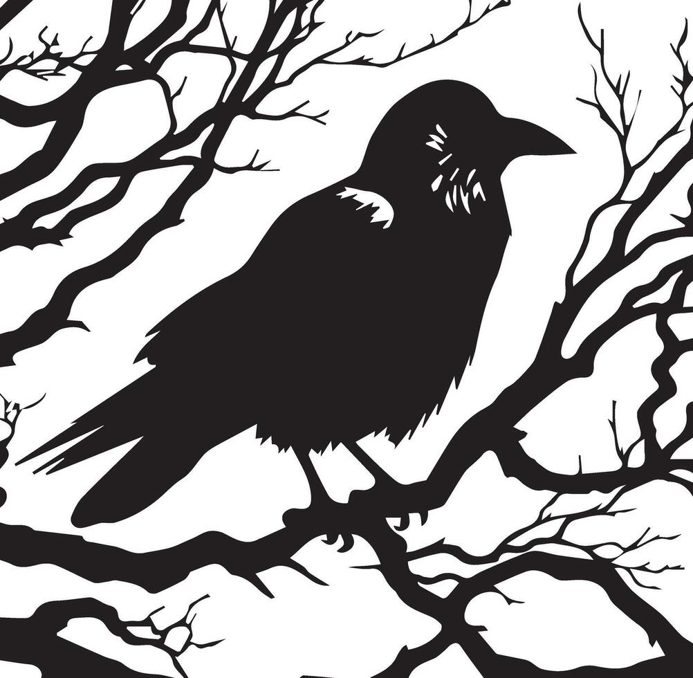 Silhouette of a raven perched on a bare branch vector