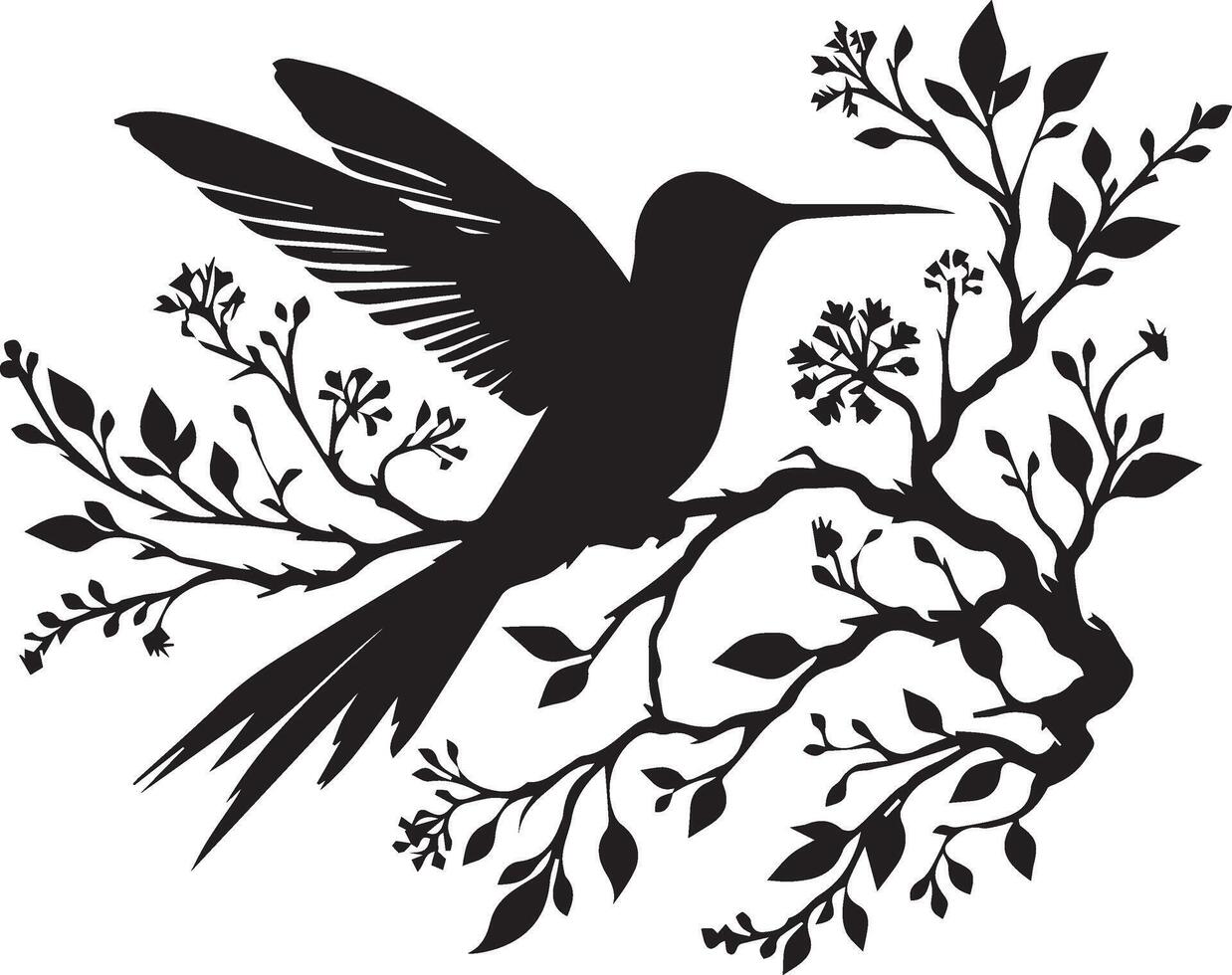 A detailed silhouette of aHummingbird silhouette on blooming branch vector