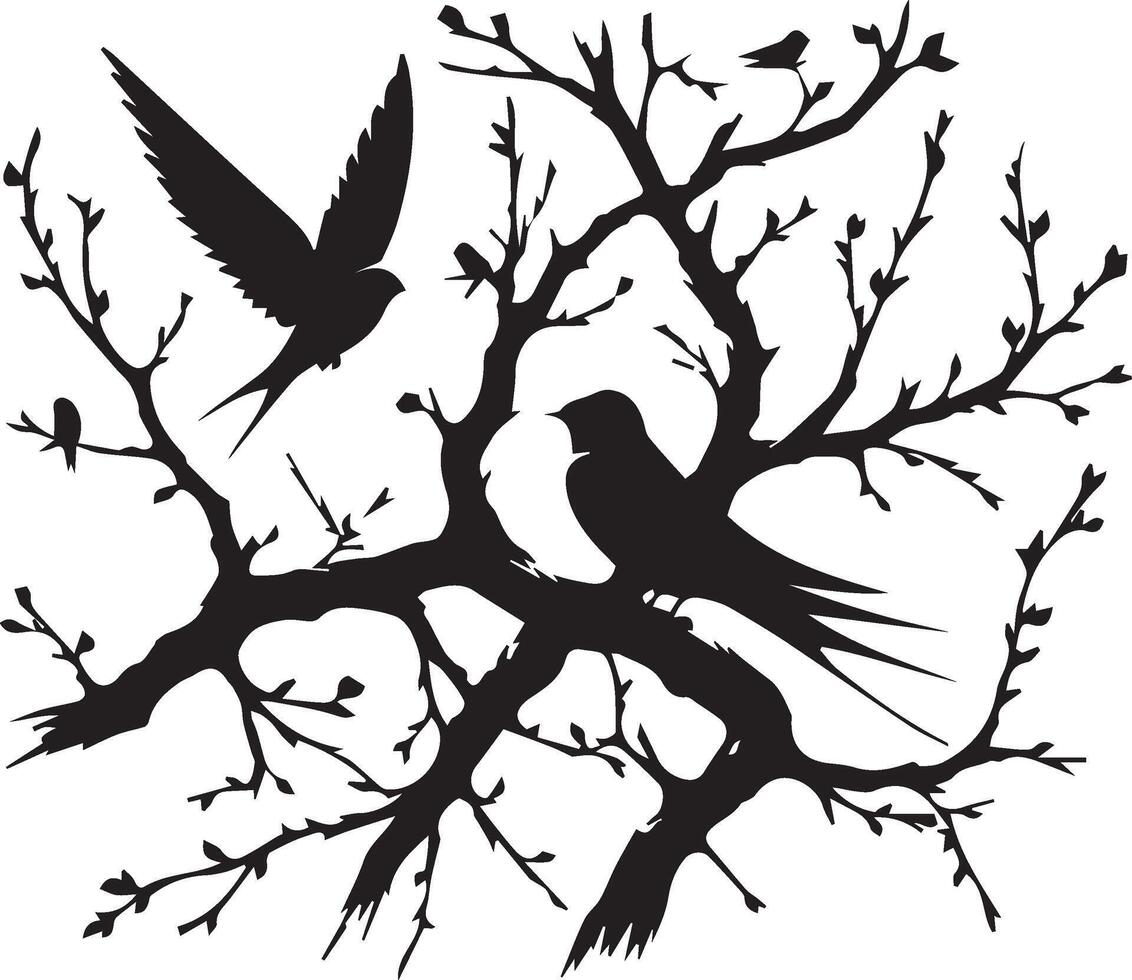 Silhouette of birds on a leafless tree branch vector