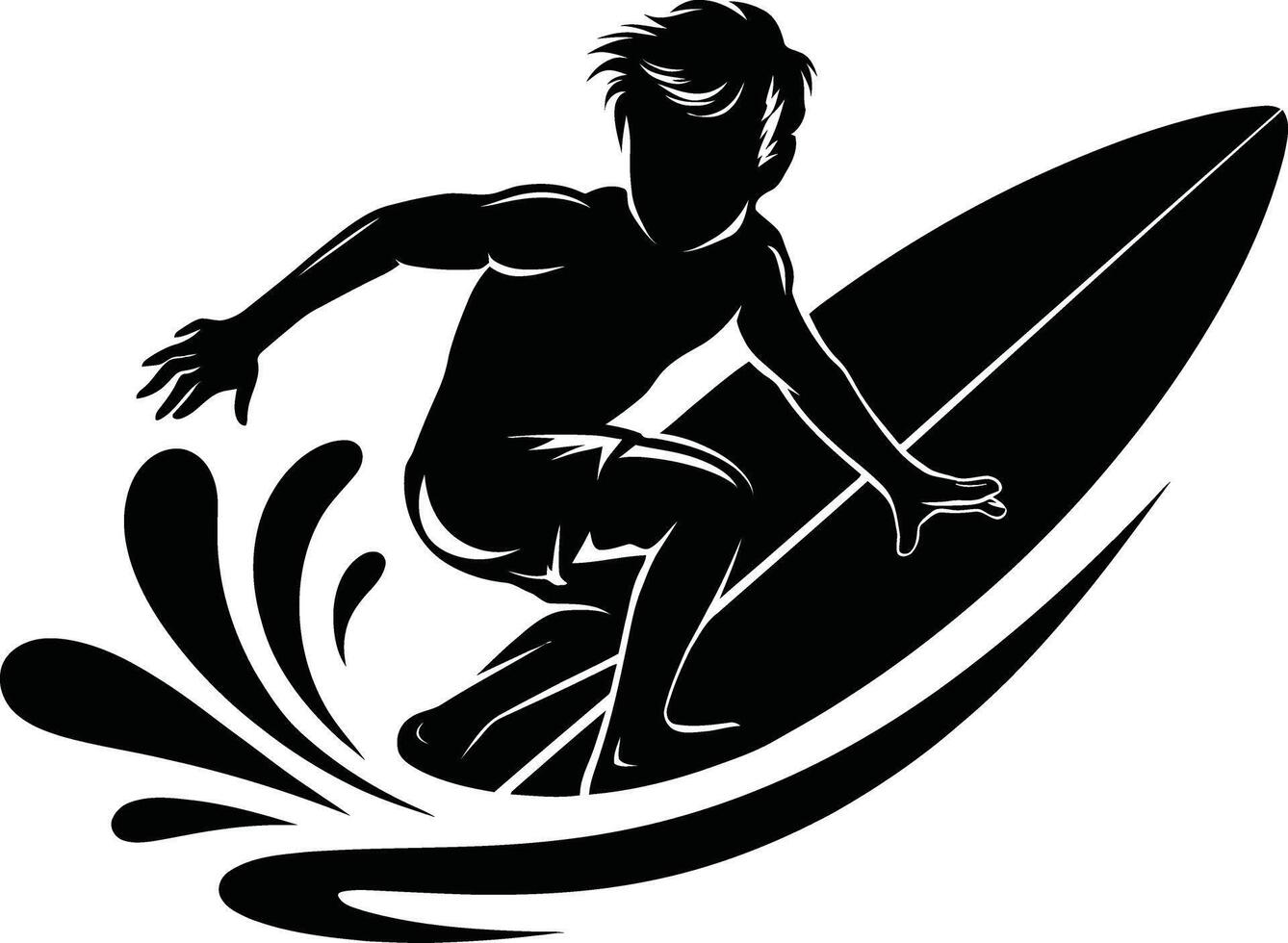 Young surfer riding wave silhouette vector