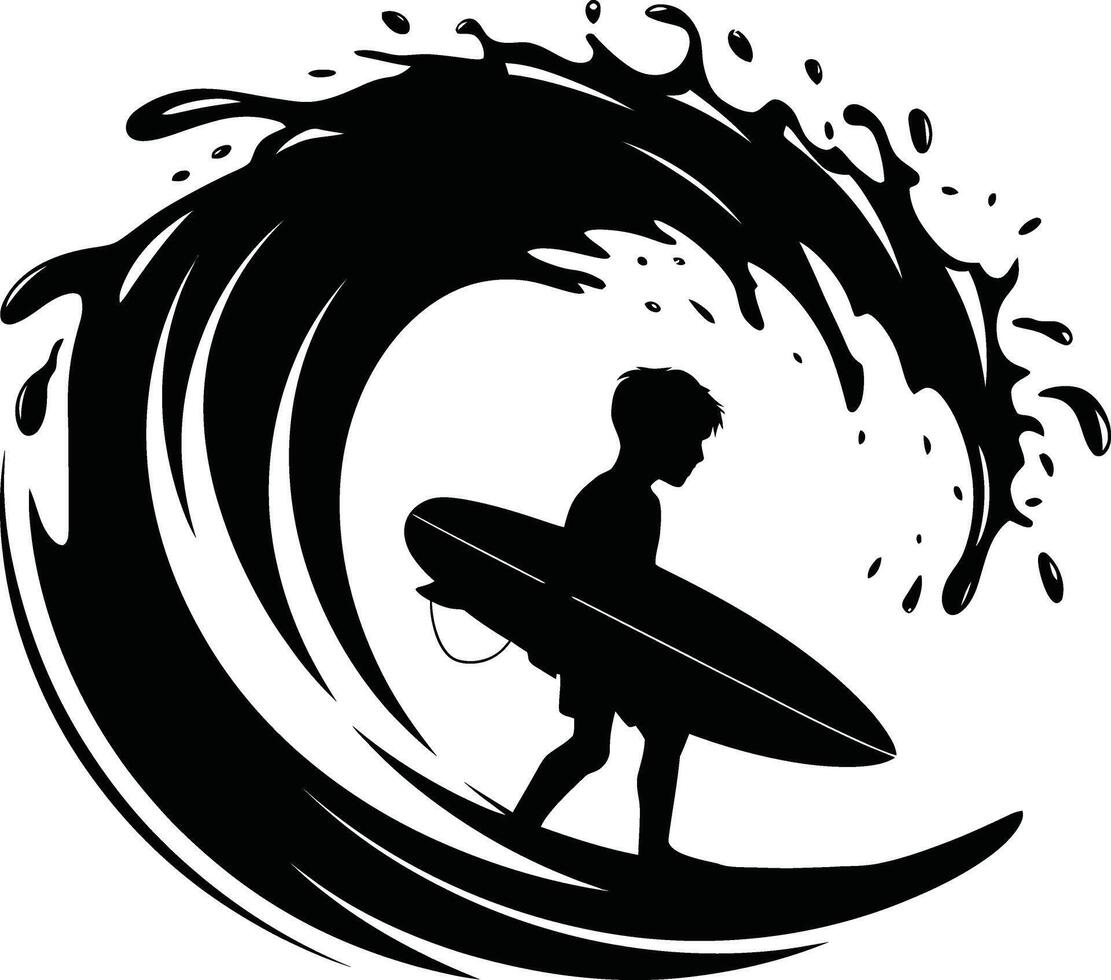 Young surfer riding a wave silhouette vector