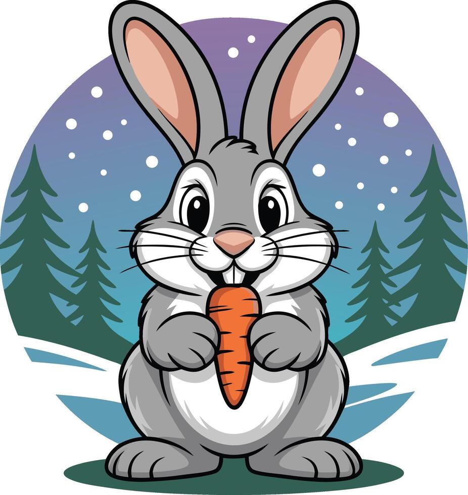 A cartoon rabbit holding a carrot in front of a snowy background vector