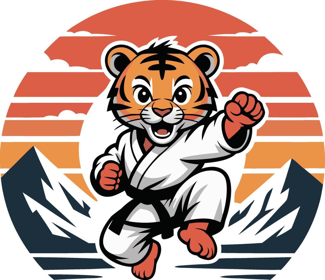 A tiger in karate gear is running in the mountains vector