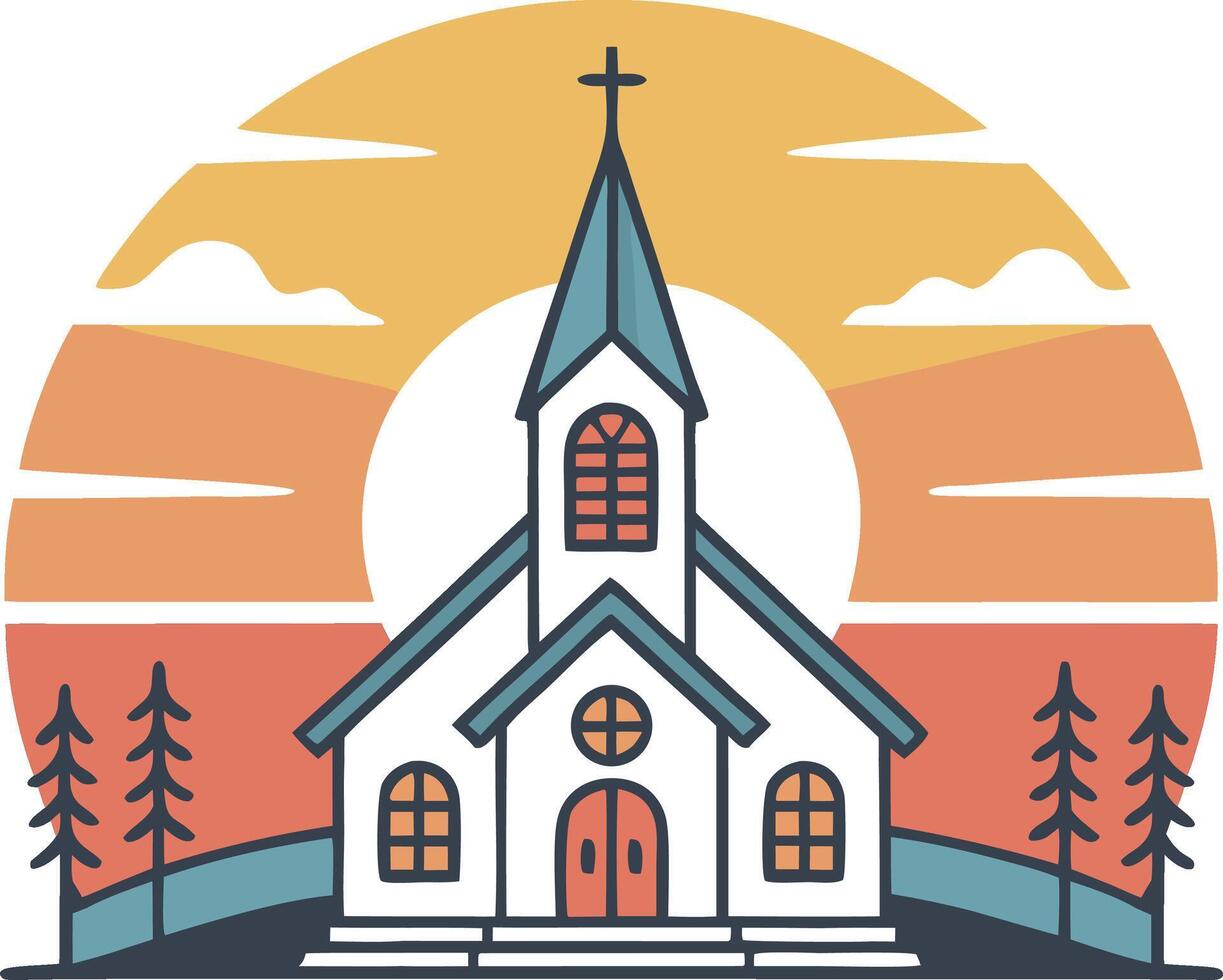 Church icon with sun and trees vector