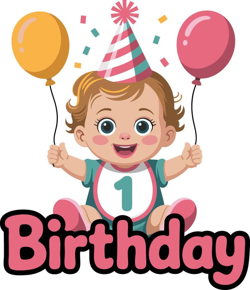 A baby is holding balloons and wearing a birthday hat vector