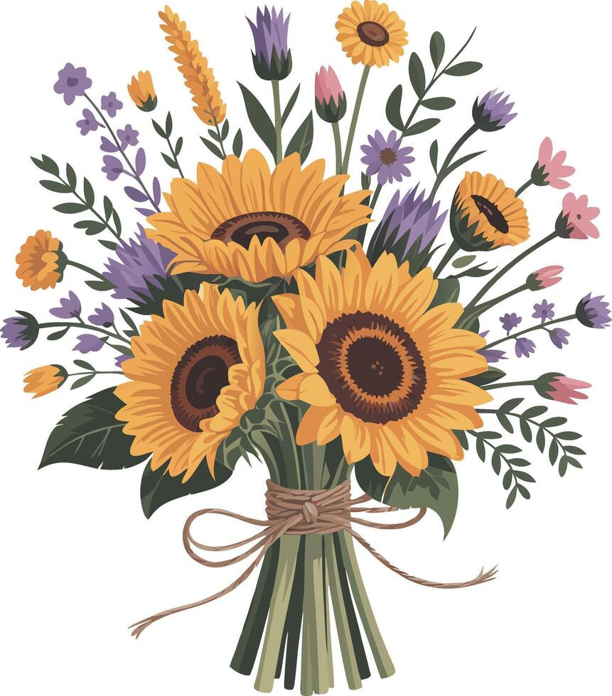 A bouquet of sunflowers and wildflowers vector