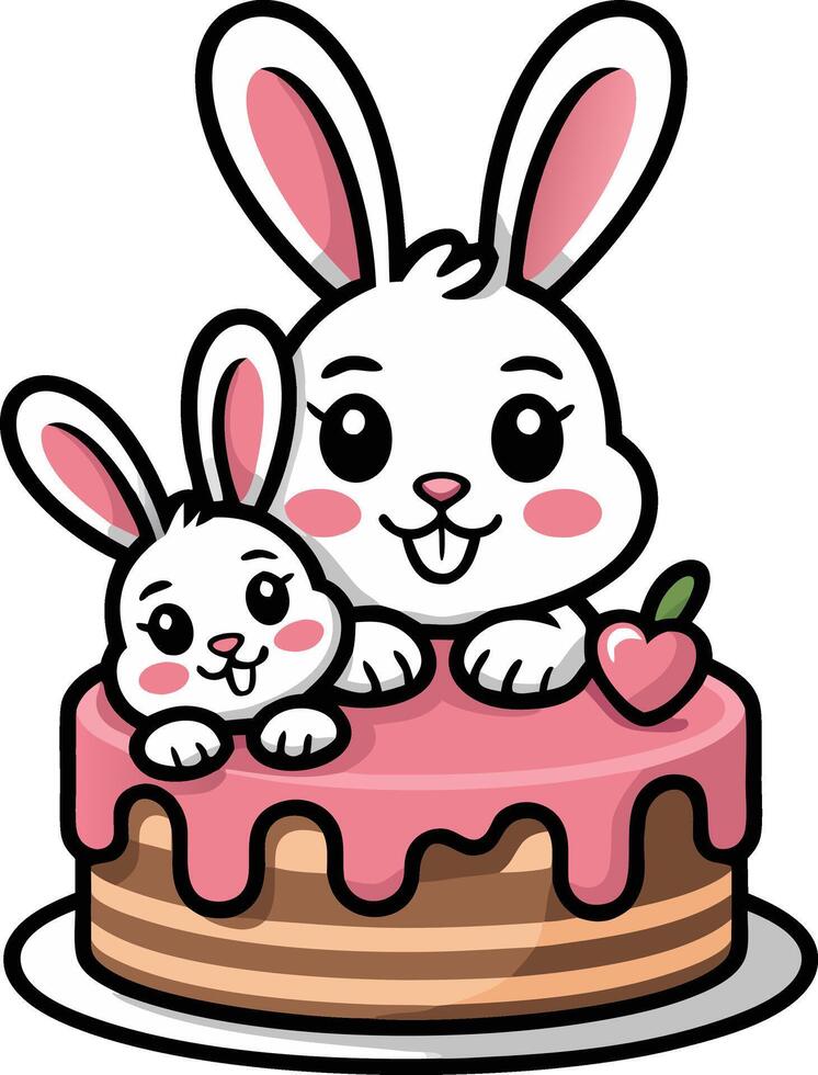 Bunny cake with pink icing and two rabbits vector
