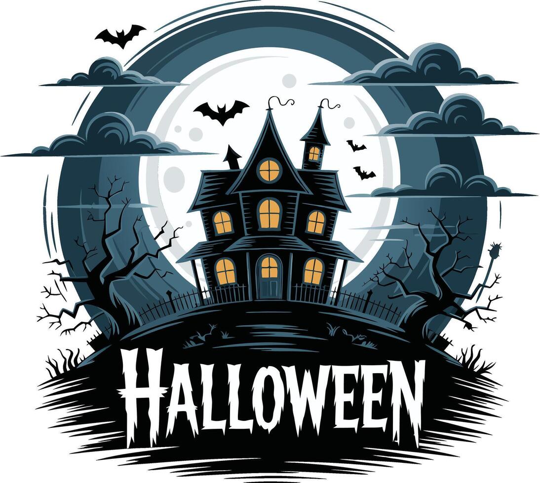 Halloween illustration with house and bats vector