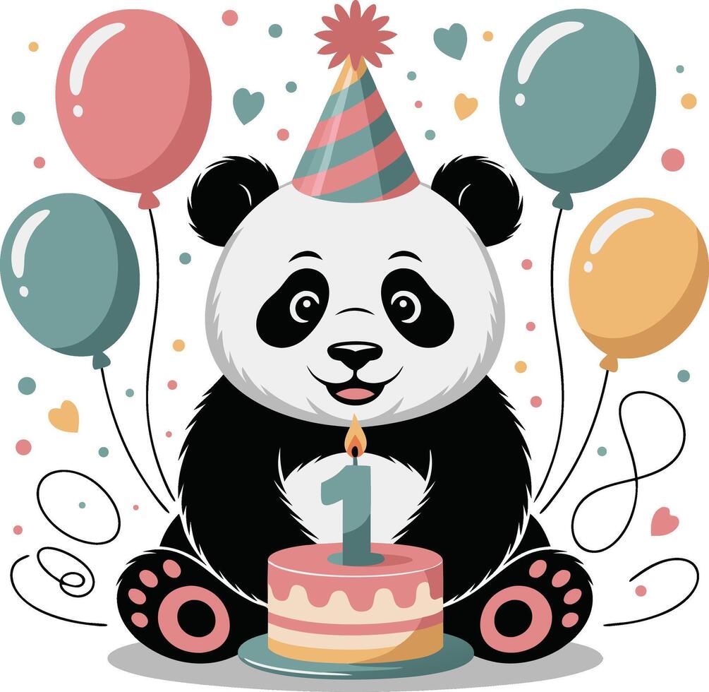Panda bear with birthday cake and balloons vector