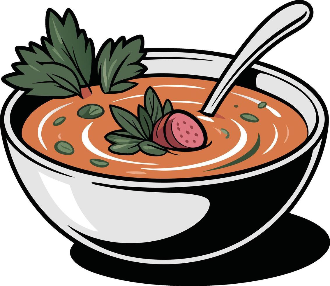 A bowl of soup with a spoon and a garnish vector