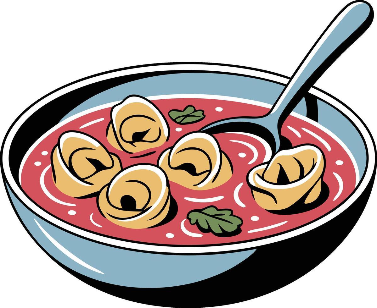 A bowl of soup with tortellini in it vector