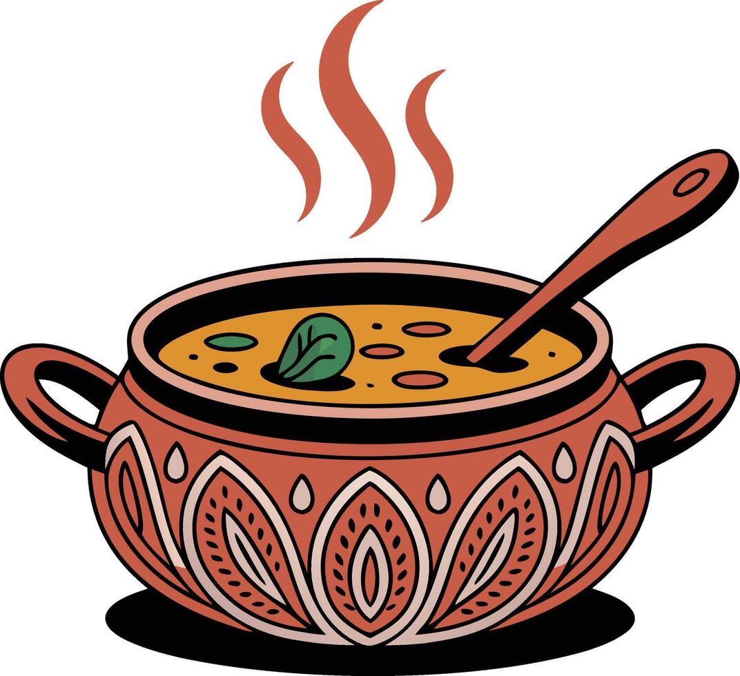 A bowl of soup with a spoon and a hot pot vector