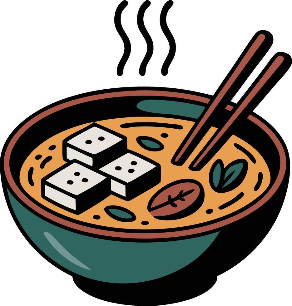 A bowl of soup with chopsticks and tofu vector