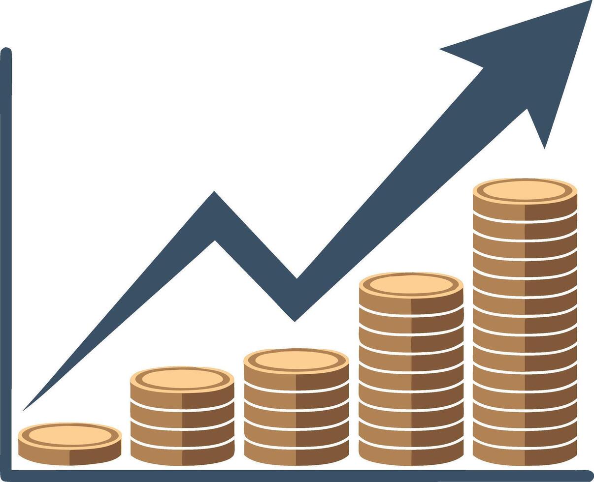 A graph with coins and an arrow going up vector