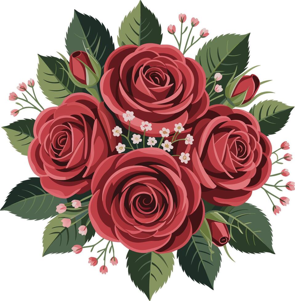 Red roses with leaves and flowers on a white background vector