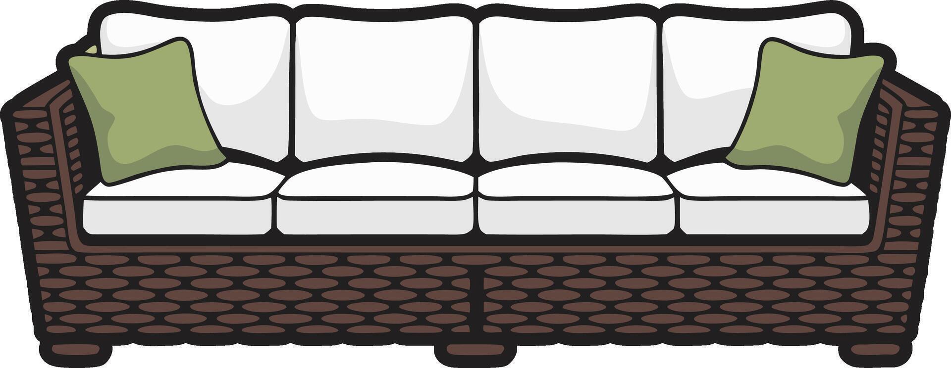 An illustration of a wicker couch with pillows vector
