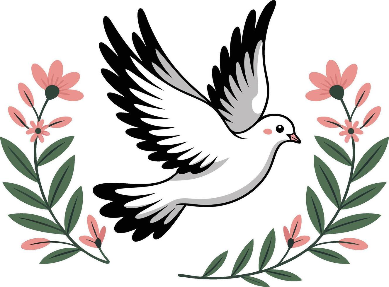 A white dove with pink flowers and leaves vector