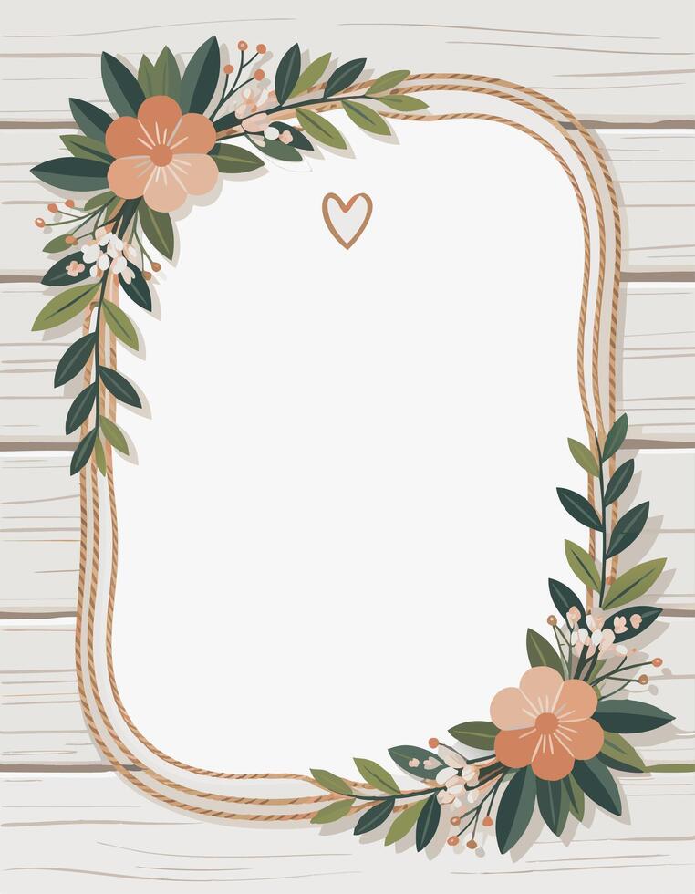 Floral frame with heart on wooden background vector