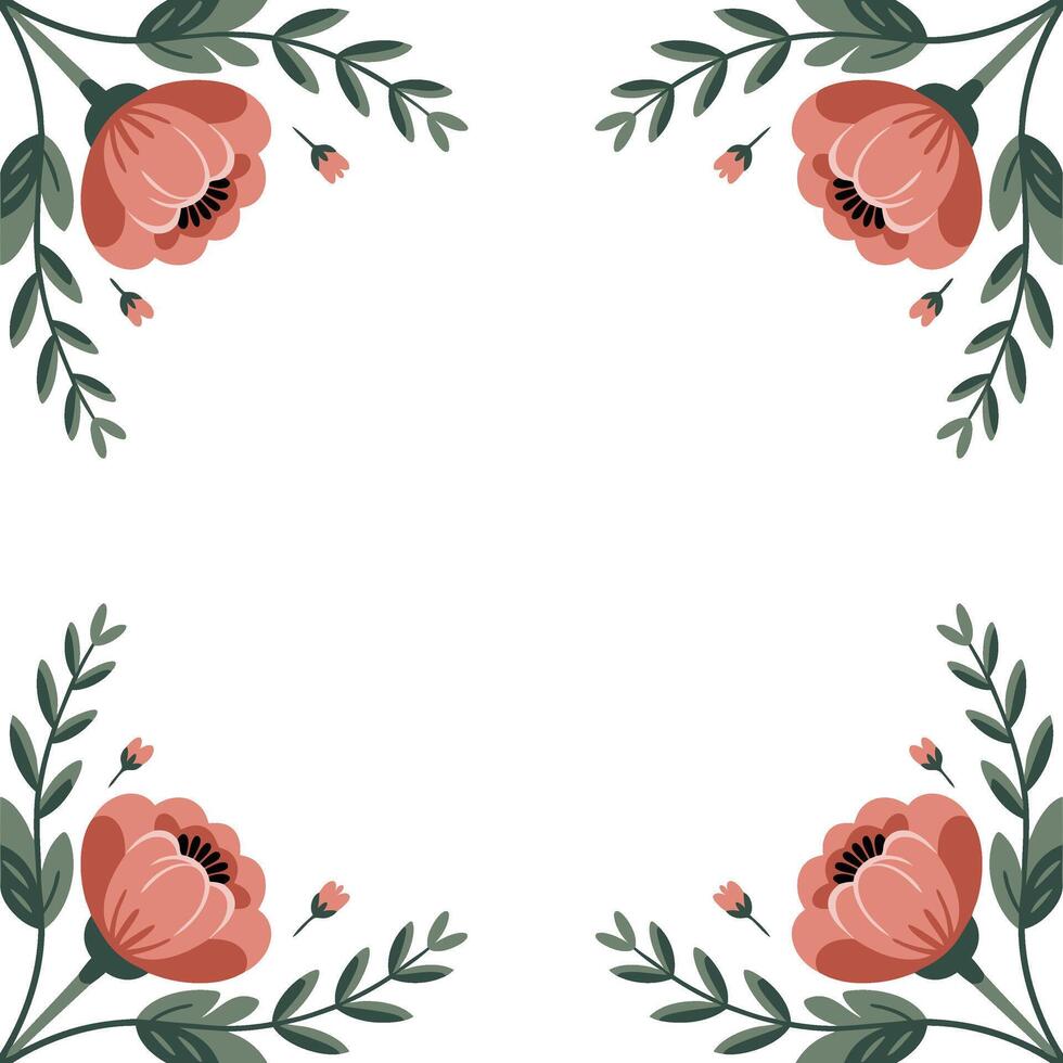Floral frame with pink flowers and leaves on white background vector