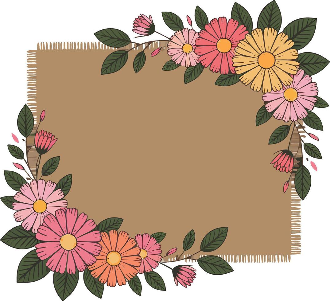 Floral frame with leaves and flowers on a brown background vector