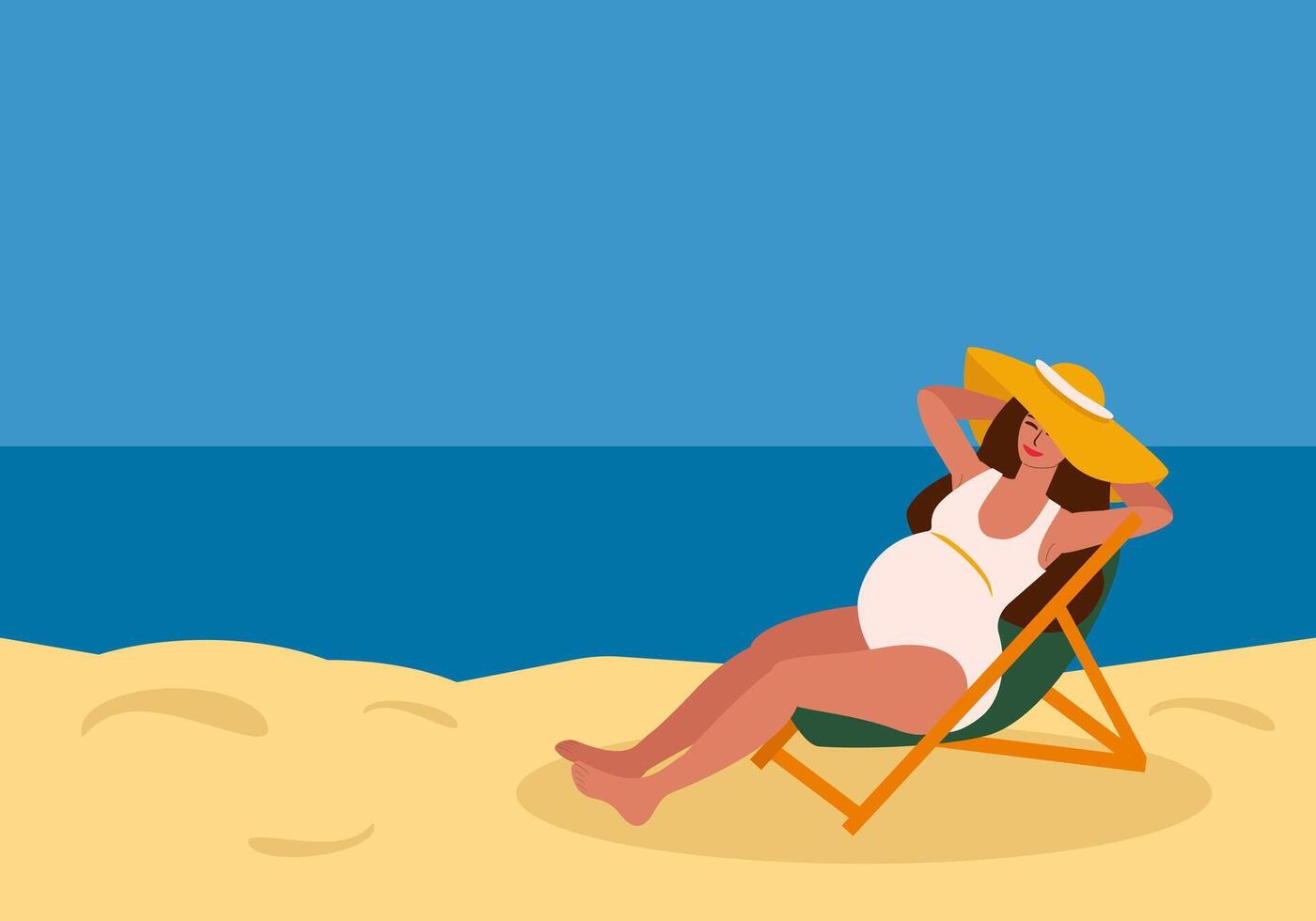 Pregnant woman in swimsuit relaxing in sun lounger by the sea vector