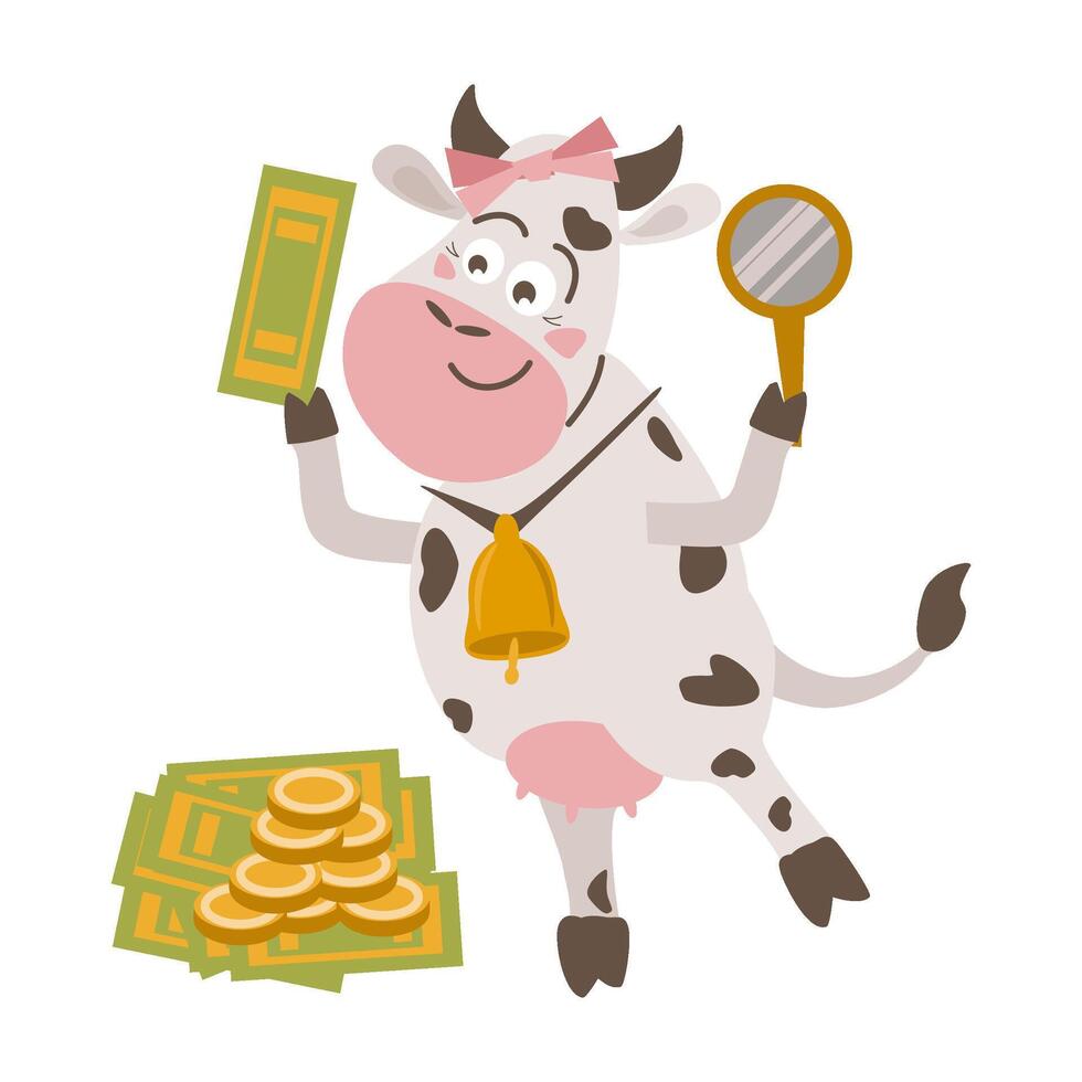 A cartoon cow with a magnifying glass checks the authenticity of money vector