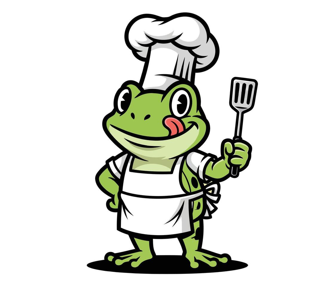 A cartoon frog chef holding a fork and spatula vector