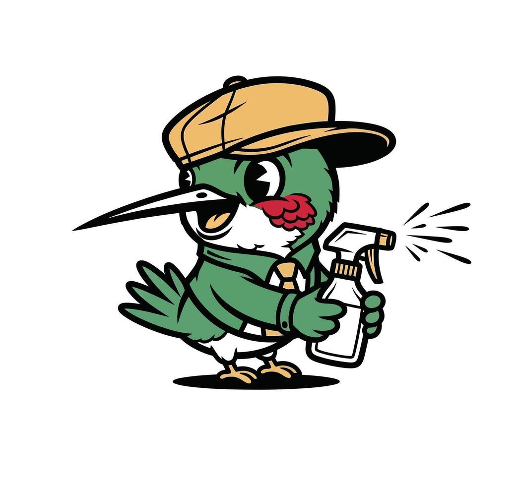 A cartoon bird wearing a hat and holding a spray bottle vector