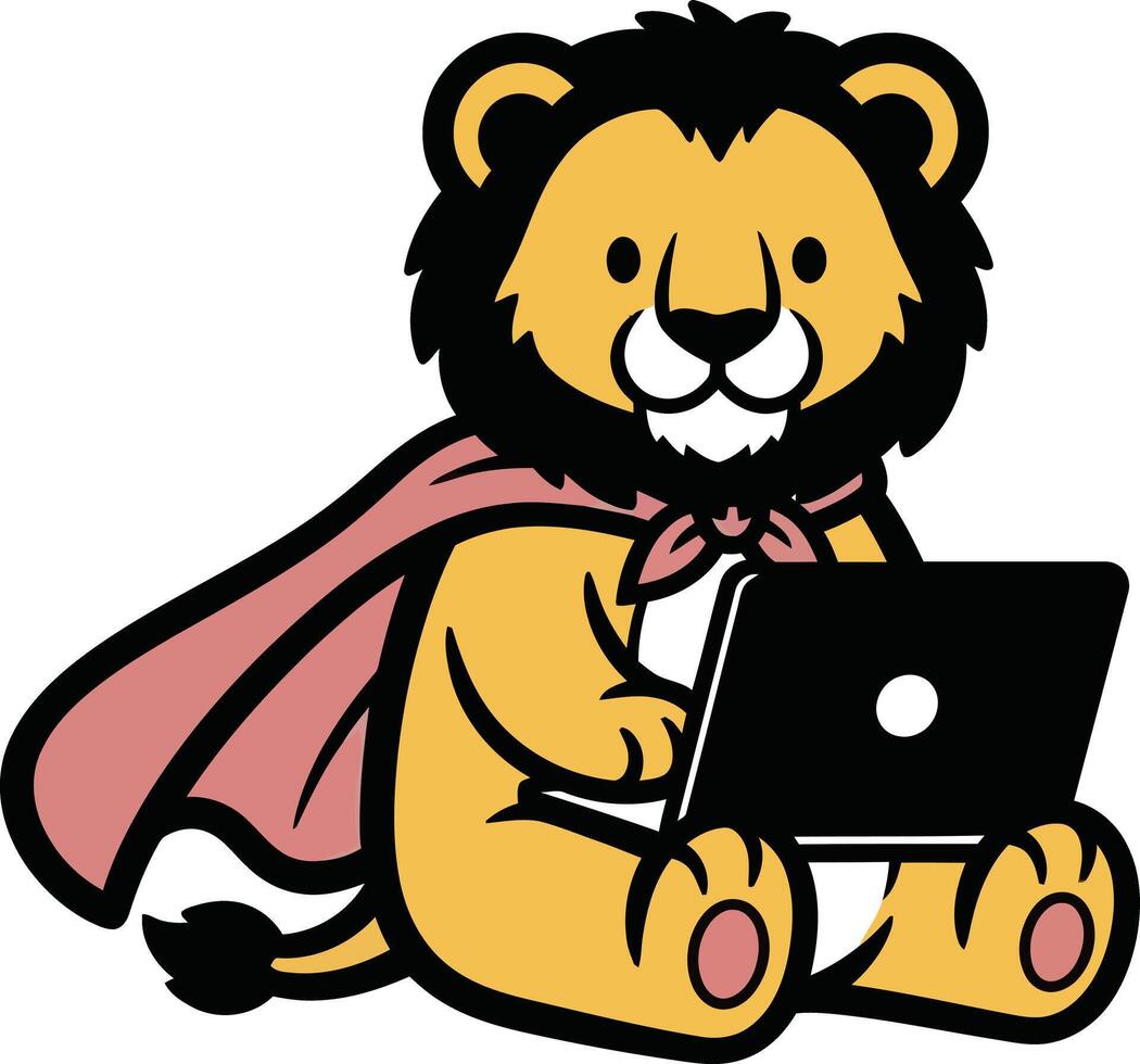 A cartoon lion sitting on a laptop computer vector
