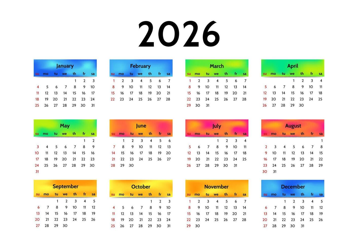 Calendar for 2026 isolated on a white background. Sunday to Monday, template. vector