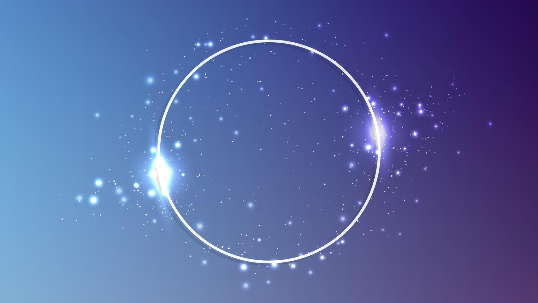 Neon circle frame with shining effects and sparkles on dark blue background. Empty glowing techno backdrop. illustration vector