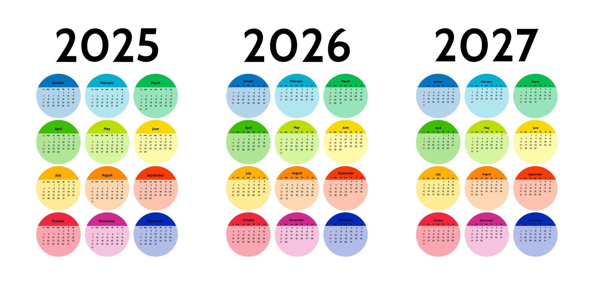 Set of three vertical calendars for 2025, 2026 and 2027 isolated on a white background. Sunday to Monday, template. vector