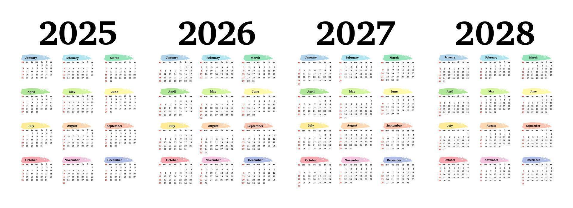 Set of four calendars for 2025, 2026, 2027 and 2028 isolated on a white background. Sunday to Monday, template. illustration vector