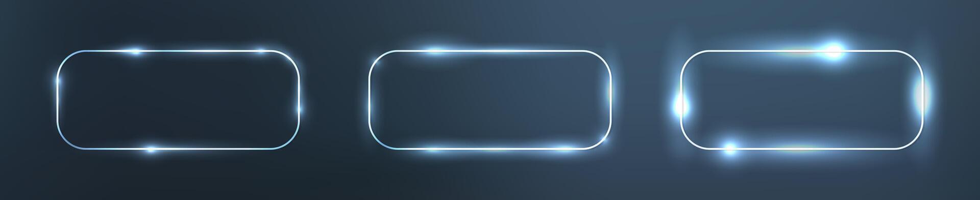 Set of three neon rounded rectangular frames with shining effects on dark background. Empty glowing techno backdrop. illustration vector