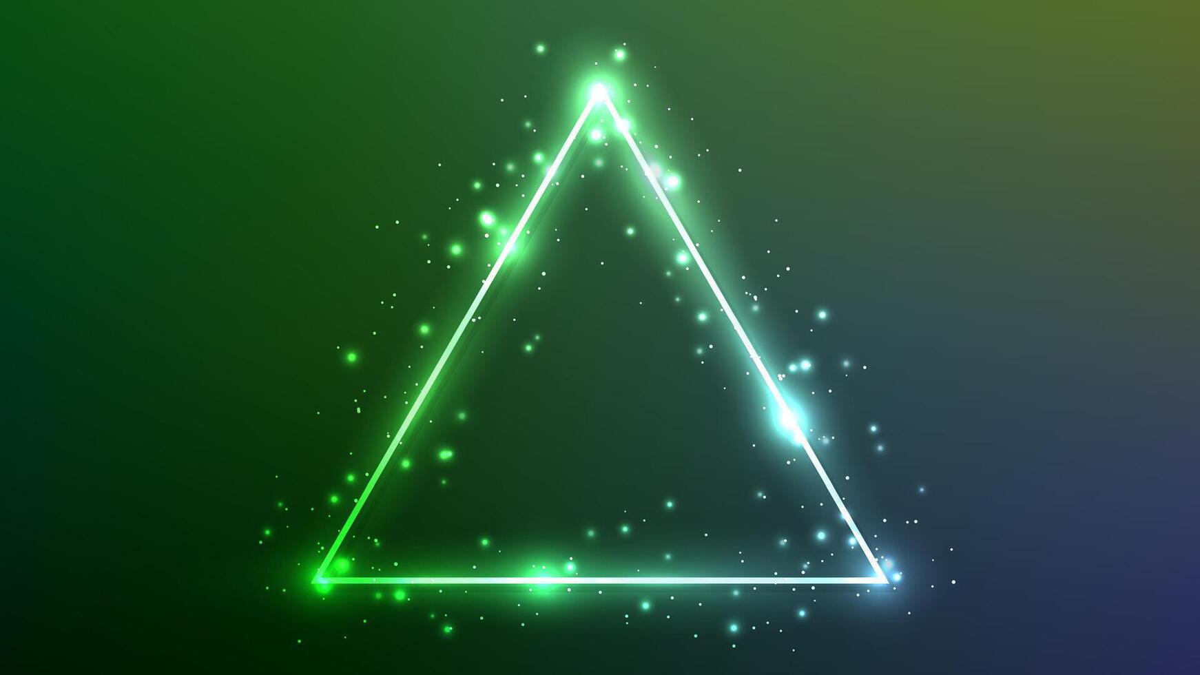 Neon triangle frame with shining effects and sparkles on dark green background. Empty glowing techno backdrop. illustration vector
