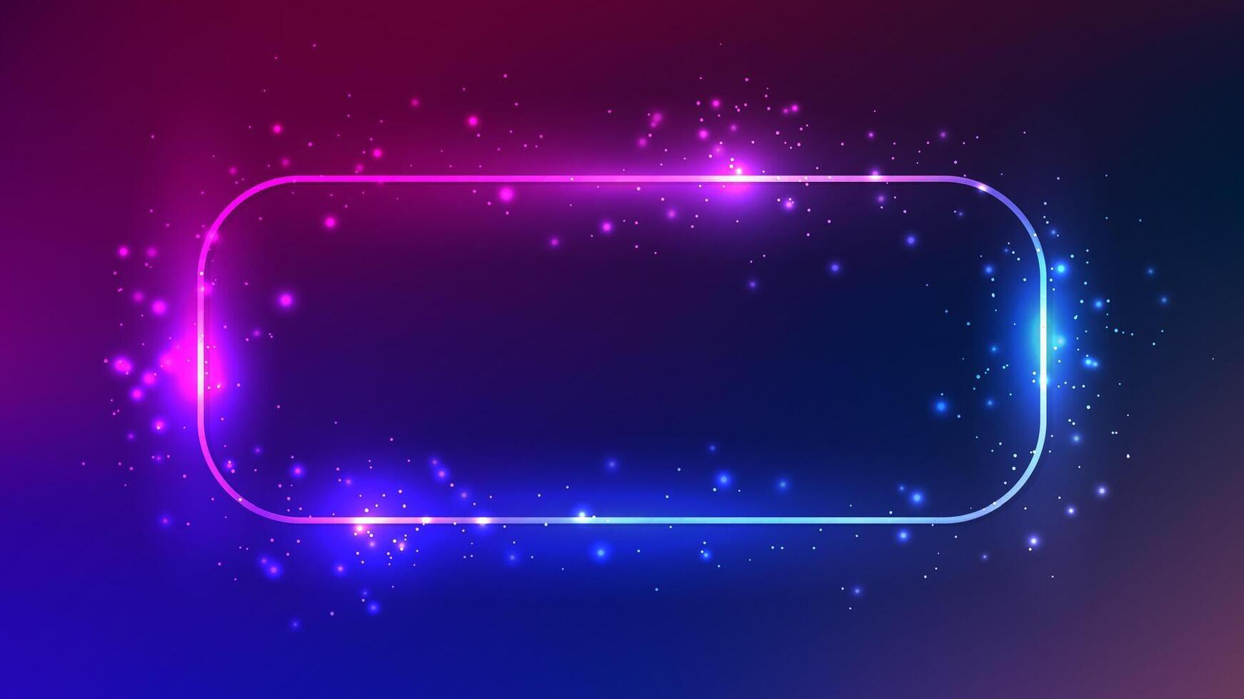 Neon rounded rectangle frame with effects and sparkles on dark purple background. Empty glowing techno backdrop. illustration vector