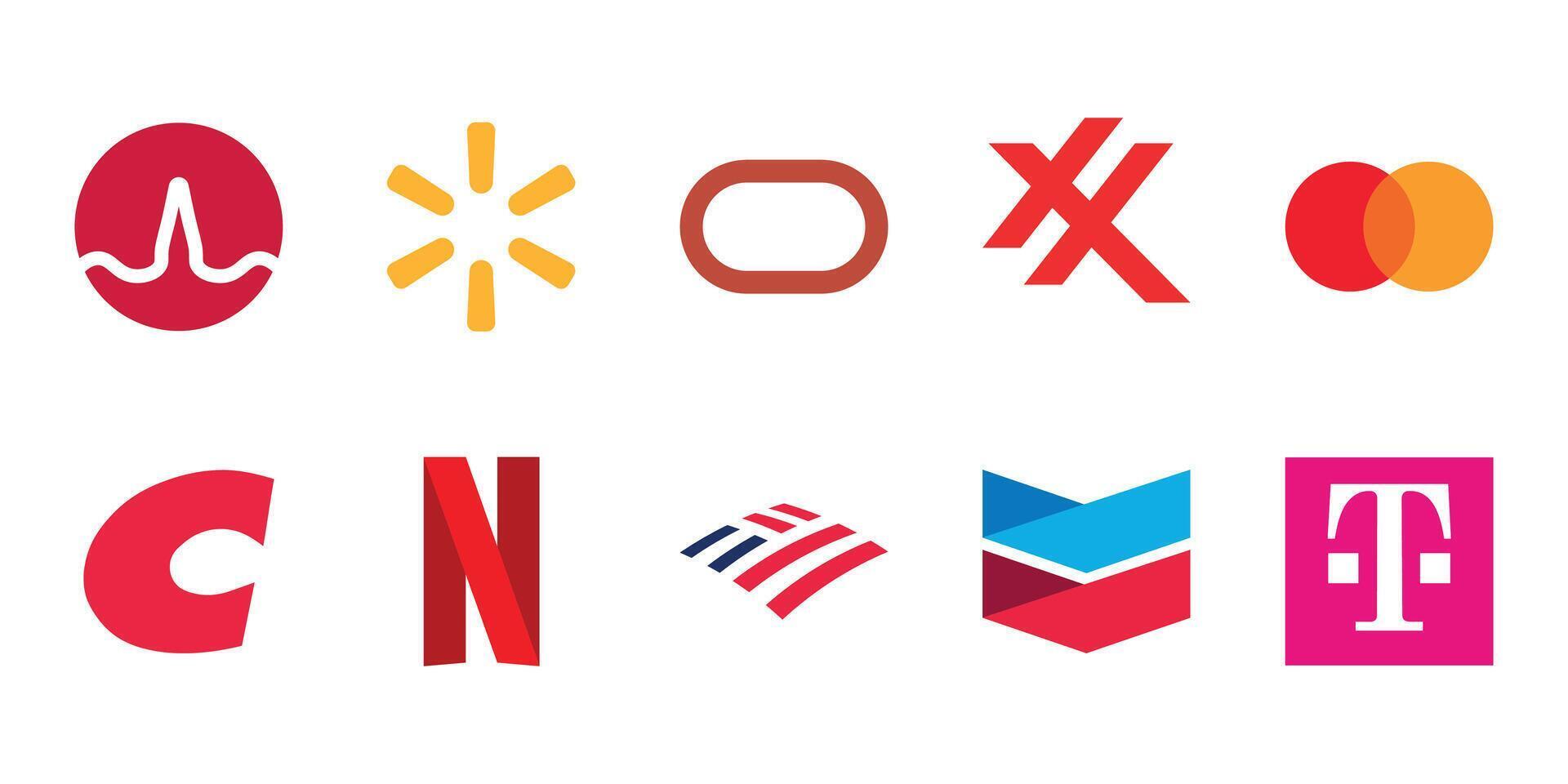 Editorial illustration. A collection of famous U.S. company logos including MasterCard, Walmart, Oracle, Netflix, Chevron, Bank of America, Broadcom, and T-Mobile. Isolated icons. vector