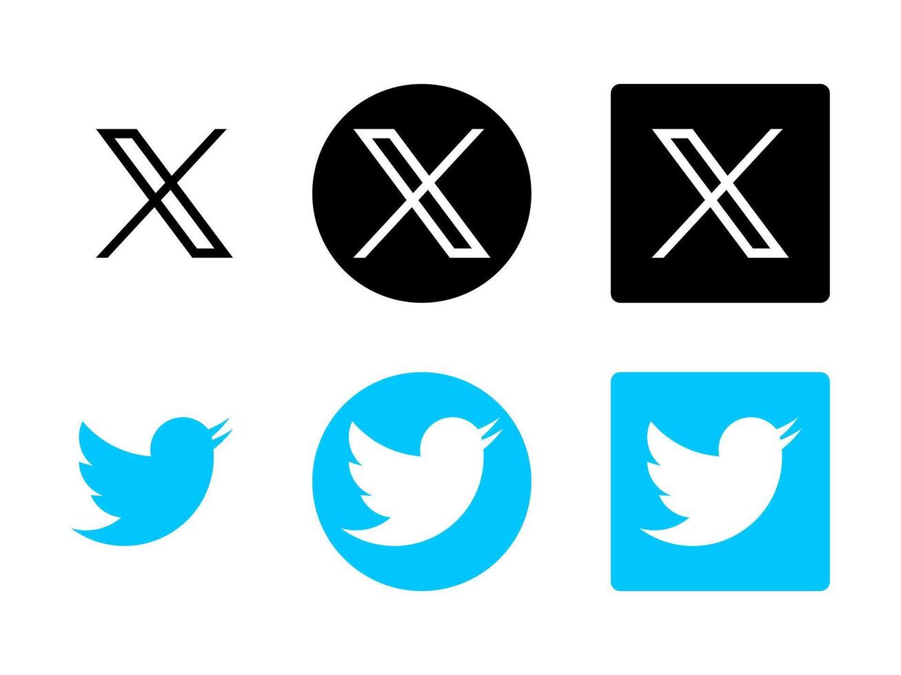 Editorial image showing the evolution of Twitter branding. Includes both the classic blue Twitter bird logo and the new black X logo representing Twitter's rebrand. Isolated on white. vector