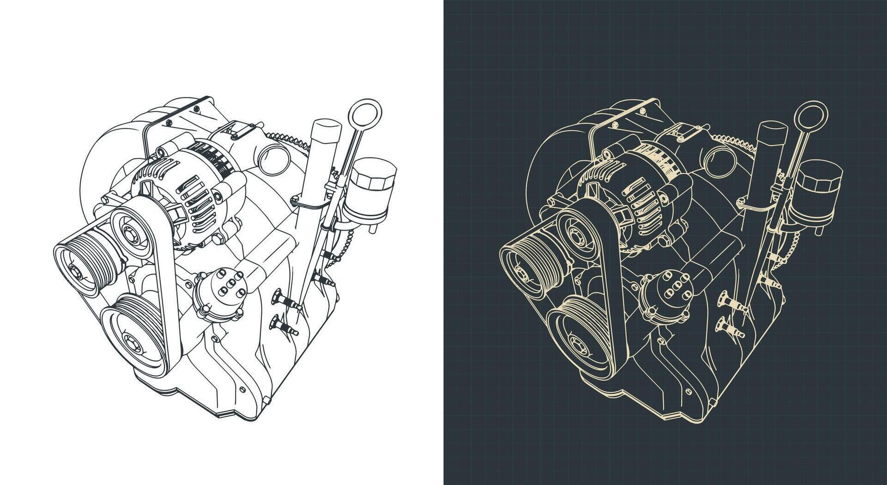 Wankel rotary engine isometric blueprints vector